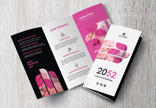 Corporate brochure design template &ndash; Professional modern tri-fold leaflet with geometric layout and business theme in Pink and Black 