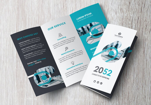 Corporate brochure design template &ndash; Professional modern tri-fold leaflet with geometric layout and business theme in Green and White
