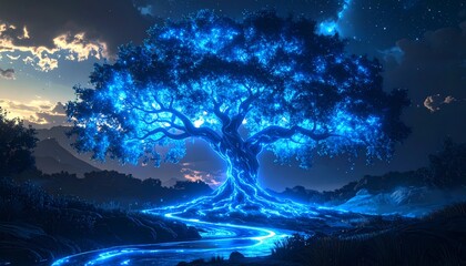 Fototapeta premium Mystical Glowing Tree at Night with Luminous Roots and River.