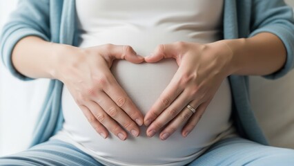 Pregnant woman forms heart on belly with hands, wearing light blue clothing