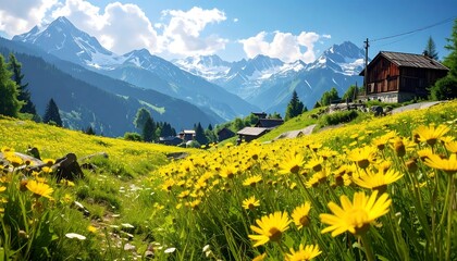 Mountain valley with a field of yellow flowers, forest and houses, under a blue sky with some white clouds