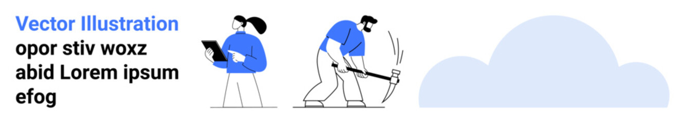 Technology, data management, teamwork, cloud storage, digital transformation, manual labor. One worker uses a clipboard, and the other digs with a tool near a cloud silhouette. Technology and data