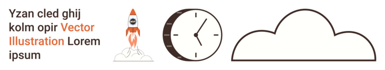 Innovation, time management, connectivity, cloud storage, technology progress, communication. Rocket launching, clock cloud outline. Innovation and time management concepts