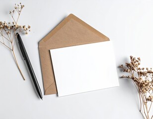 Invitation scene blank card, envelope, dried flowers, pen