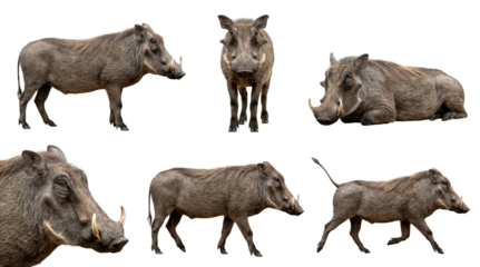 set of a warthog in different poses, standing, lying, running and a head closeup, isolated on a transparent background