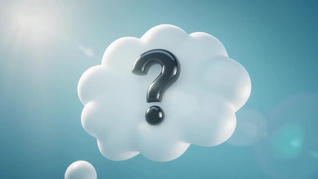 A white foam thought bubble with a black question mark floating in a bright, dreamy blue sky with lens flares, concept for problem-solving, creativity and uncertainty.