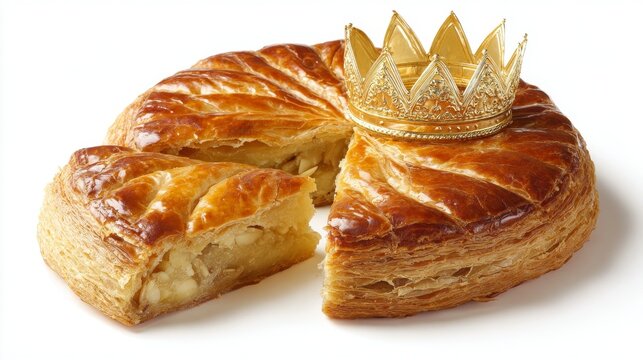 Galette des Rois on white background. King cake with paper crown and cut slice revealing almond cream.