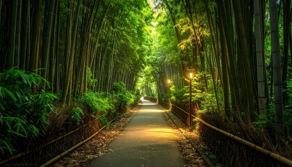 Obraz premium Path winds through a verdant bamboo forest, illuminated by sunlight and gentle lamps. Serene, lush, and inviting