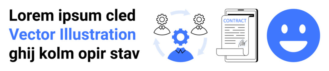 Fototapeta premium Contract management, workflow optimization, professional agreements, business operations, teamwork, digital systems. Circular arrow, gear clipboard and happy icon . Contract management and workflow