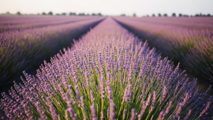 Naklejka premium Rows of lavender flowers receding into distance in field under bright sunlight