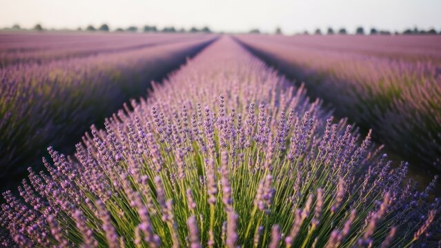 Rows of lavender flowers receding into distance in field under bright sunlight
