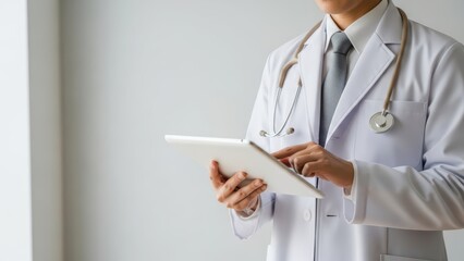 Medical professional in white lab coat using a modern digital tablet for patient data management and telehealth consultation
