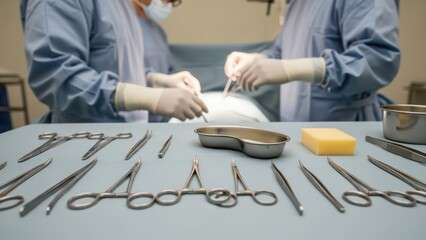 Meticulously arranged sterile surgical tools on a table, with doctors performing an operation in an operating room background
