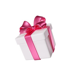 Obraz premium 3D White Gift Box with a Pink Ribbon and Bow for Holiday, Birthday, Weddings, St. Valentine's Day or Christmas. Ideal for greeting cards and promotional materials. 3D rendering 