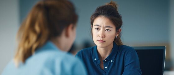 Focused discussion between two women in a bright office setting