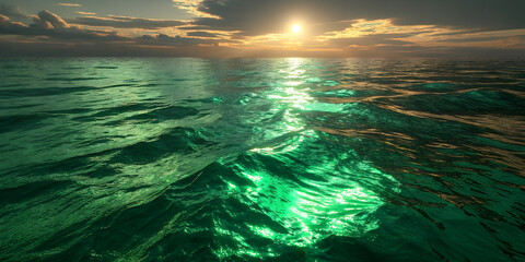 Ocean sunset light reflection on water and clouds over the blue summer sea landscape