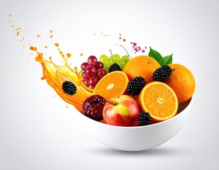 Bowl of fruit w/ juice splash on white background