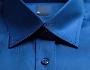 Close-up of a dark blue dress shirt collar with two buttons