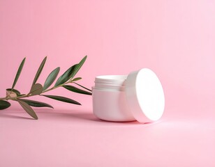 Cream jar, olive branch, on pink background