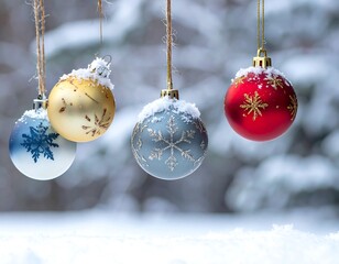 Festive snow-covered ornaments hang on twine with blurry snowy forest background