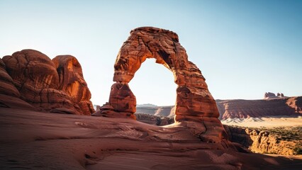 Utah's sandstone arch; the sun highlights rock formations and desert in golden light