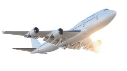 Large airplane climbing through white sky
