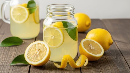 Two jars of lemonade with lemon slices and leaves on a wooden surface
