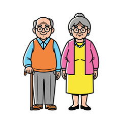 Happy Elderly Couple Cartoon Illustration Man with Cane and Woman in Pink Cardigan.
