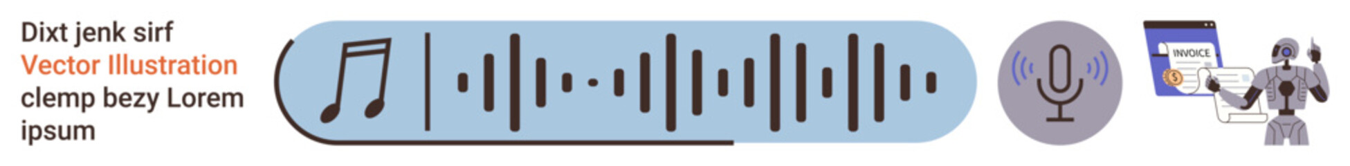 Audio recognition, music production, AI tools, voice command, sound editing, technology integration. A music note, waveform microphone and AI robot. Audio recognition and music production
