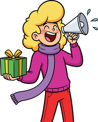 Joyful cartoon girl with blonde hair and a purple scarf shouting into a megaphone while holding a green gift box.