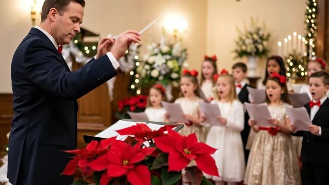 Man conducting childrens Christmas choir singing carols. Festive Christian celebration with music and praise, decorated poinsettias.