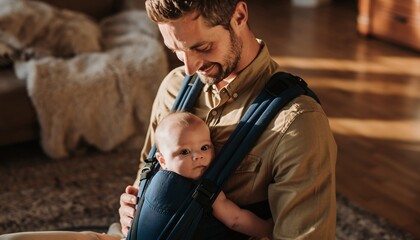 Smiling father bonding with his newborn baby in a comfortable carrier at home, concept for family life, new parenthood and baby care.