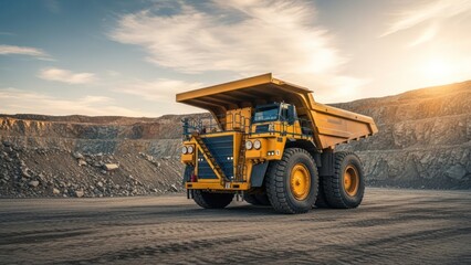 Obraz premium Yellow mining dump truck parked in quarry; sky with sun
