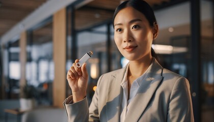 Young Asian businesswoman confidently holding a sleek USB flash drive in a modern office, concept for data security, business solutions and digital storage.