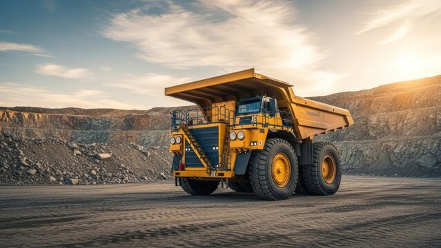 Yellow mining dump truck parked in quarry; sky with sun - Powered by Adobe