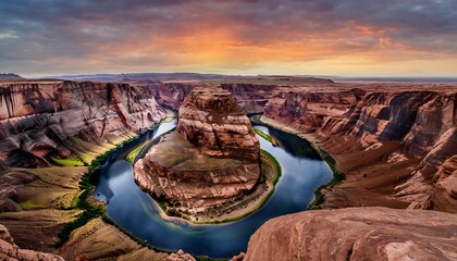 Horseshoe Bend glowing at sunset, showcasing the majestic Colorado River carving through the red rock canyon, concept for travel, adventure, and nature photography.