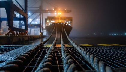 Massive cargo ship securely docked at a bustling industrial port on a foggy night, concept for global trade, logistics and supply chain
