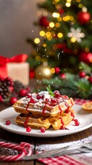 Festive stack of waffles with red berries against a blurred decorated Christmas tree