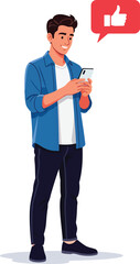 Smiling young man in a casual blue shirt using a smartphone receiving a social media like notification.