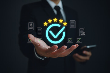 A hand of a business person holding a virtual glowing circle with a checkmark symbol and four gold stars above, representing quality guarantee and customer satisfaction service concept