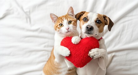 Adorable orange tabby cat and playful dog holding a plush red heart together on a soft white blanket, symbolizing love and companionship for Valentine's Day