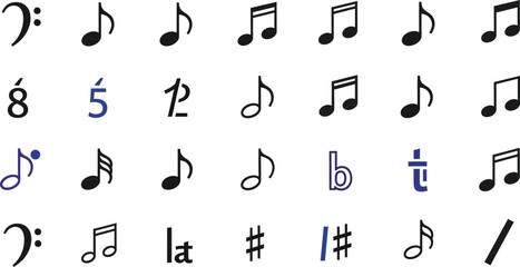 Set of all music notes symbols, flat design vector illustrations