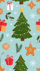 Festive seamless pattern with Christmas trees, gifts, and cookies on a light blue backdrop