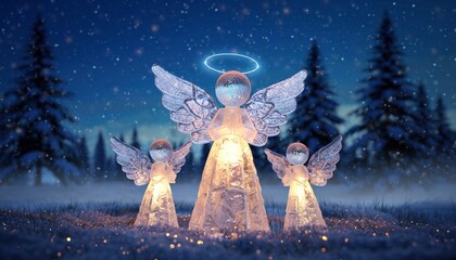 Obraz premium Three glowing crystal angels standing illuminated in a serene snowy forest at night with a radiant halo and sparkling ground, concept for Christmas, winter holidays and spiritual celebrations