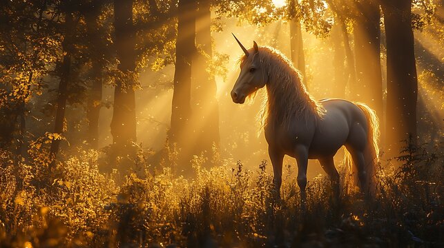 Unicorn bathed in golden sunlight stands majestically in a radiant forest landscape - Powered by Adobe