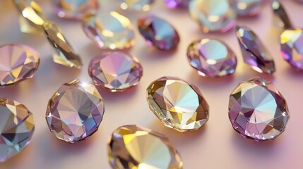 Close-up of sparkling iridescent crystal gemstones on a light background.