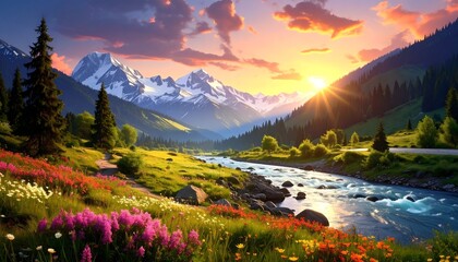 Scenic mountain valley with river, meadow, trees, flowers, and sunset with vibrant colors painting the sky above