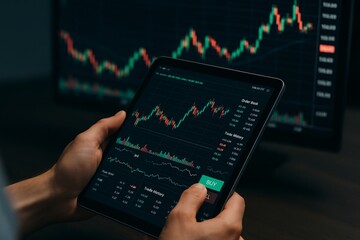 Person trading cryptocurrency or stocks on tablet showing colorful candlestick charts and financial data in dark office, modern finance technology. Ai generative