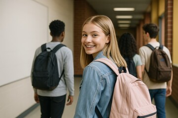 Teen girl smiling with pink backpack in school hallway, casual style, indoor background, concept of education, youth friendship, happiness. Ai generative