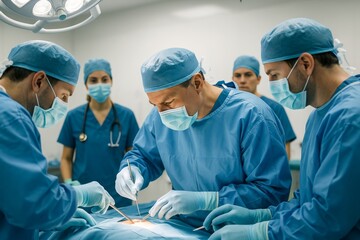 Group of surgeons in blue scrubs and masks performing surgery in a sterile operating room, showcasing teamwork and medical precision. Ai generative